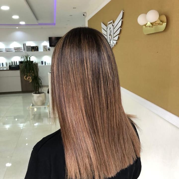 Lang, steil haar met een zachte balayage van bruin naar karamel, in de salon met het vleugellogo op de achtergrond
